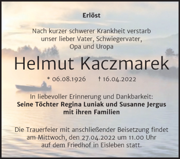 Traueranzeige von Helmut Kaczmarek von Trauerkombi Mansfelder Land