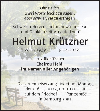 Traueranzeige von Helmut Krützner von Trauerkombi Bernburg