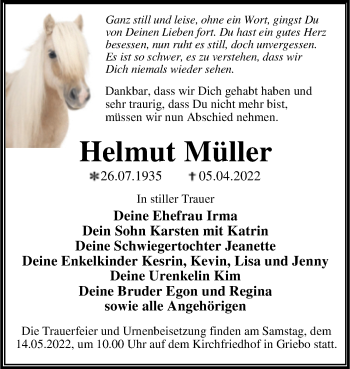 Traueranzeige von Helmut Müller von Trauerkombi Wittenberg