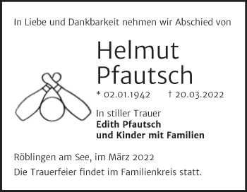 Traueranzeige von Helmut Pfautsch von Trauerkombi Mansfelder Land
