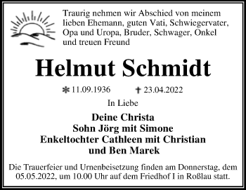 Traueranzeige von Helmut Schmidt von Trauerkombi Dessau