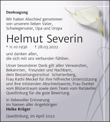 Traueranzeige von Helmut Severin von Trauerkombi Quedlinburg