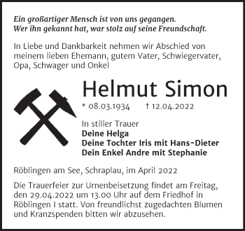 Traueranzeige von Helmut Simon von Trauerkombi Mansfelder Land