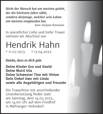 Traueranzeige von Hendrik Hahn von Trauerkombi Wittenberg