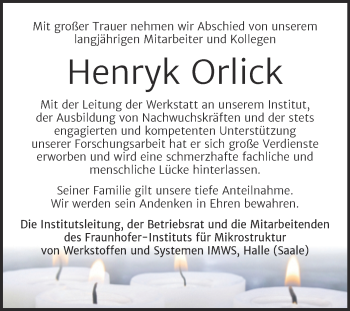 Traueranzeige von Henryk Orlick von Mitteldeutsche Zeitung Halle/Saalkreis