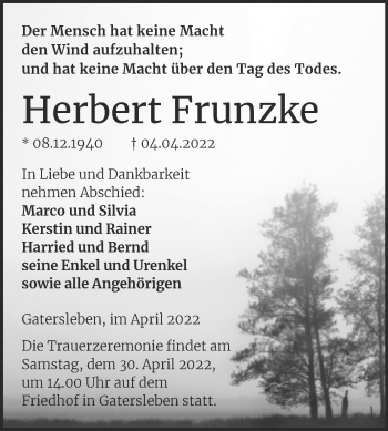Traueranzeige von Herbert Frunzke von Trauerkombi Aschersleben