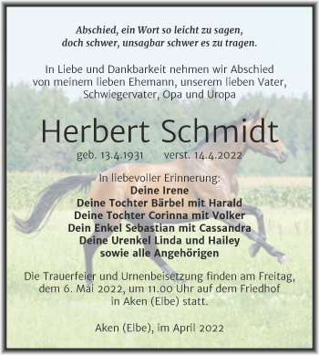 Traueranzeige von Herbert Schmidt von Trauerkombi Köthen