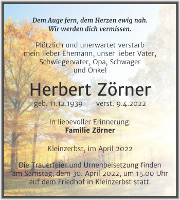 Traueranzeige von Herbert Zörner von Trauerkombi Köthen