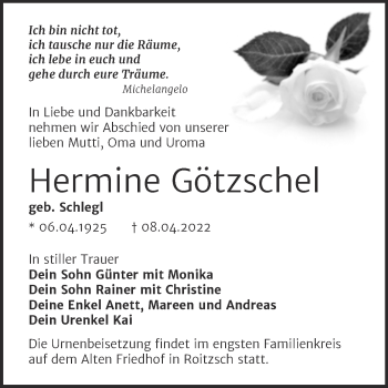Traueranzeige von Hermine Götzschel von Trauerkombi Bitterfeld
