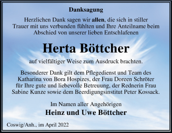 Traueranzeige von Herta Böttcher von Trauerkombi Wittenberg