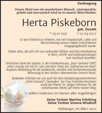 Traueranzeige von Herta Piskeborn von Trauerkombi Wittenberg