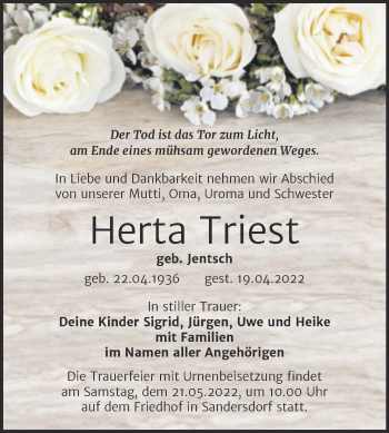 Traueranzeige von Herta Triest von Trauerkombi Bitterfeld