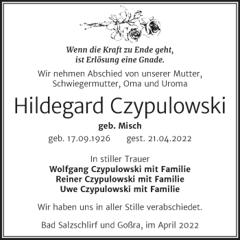 Traueranzeige von Hildegard Czypulowski von Mitteldeutsche Zeitung Zeitz