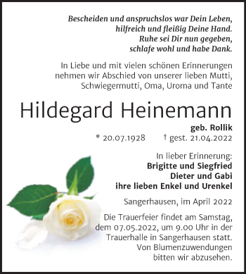 Traueranzeige von Hildegard Heinemann von Trauerkombi Sangerhausen