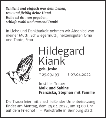Traueranzeige von Hildegard Kiank von Trauerkombi Bernburg