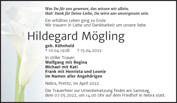 Traueranzeige von Hildegard Mögling von Wochenspiegel Naumburg/Nebra