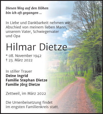 Traueranzeige von Hilmar Dietze von Trauerkombi Zeitz