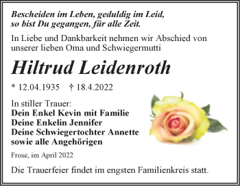 Traueranzeige von Hiltrud Leidenroth von Trauerkombi Aschersleben
