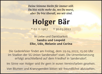 Traueranzeige von Holger Bär von Trauerkombi Bitterfeld