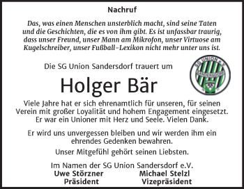 Traueranzeige von Holger Bär von Trauerkombi Bitterfeld