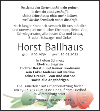 Traueranzeige von Horst Ballhaus von Trauerkombi Mansfelder Land