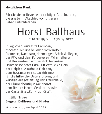 Traueranzeige von Horst Ballhaus von Trauerkombi Mansfelder Land