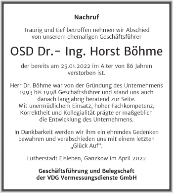 Traueranzeige von Horst Böhme von Mitteldeutsche Zeitung Mansfelder Land