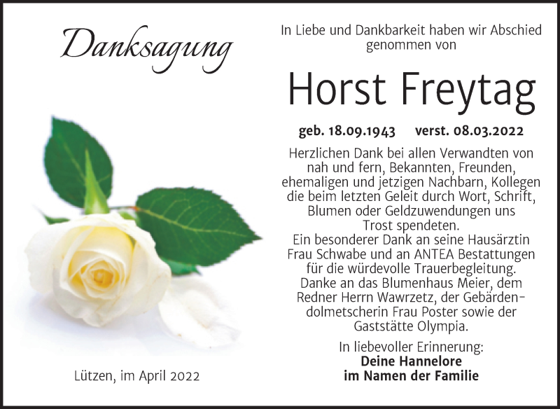  Traueranzeige für Horst Freytag vom 09.04.2022 aus Trauerkombi Weißenfels