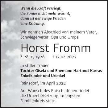 Traueranzeige von Horst Fromm von Trauerkombi Wittenberg