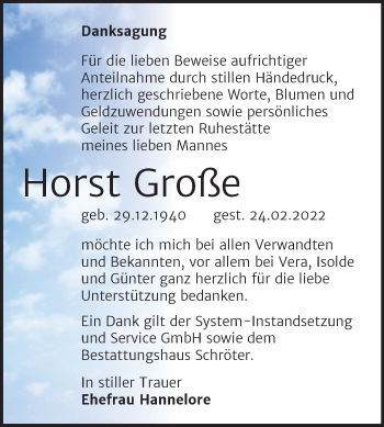 Traueranzeige von Horst Große von Trauerkombi Bitterfeld