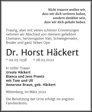 Traueranzeige von Horst Häckert von Trauerkombi Wittenberg