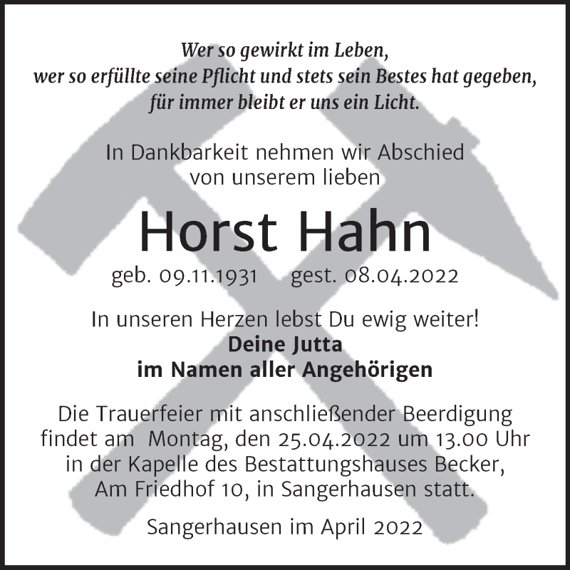  Traueranzeige für Horst Hahn vom 23.04.2022 aus Mitteldeutsche Zeitung Sangerhausen