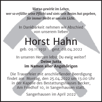Traueranzeige von Horst Hahn von Mitteldeutsche Zeitung Sangerhausen