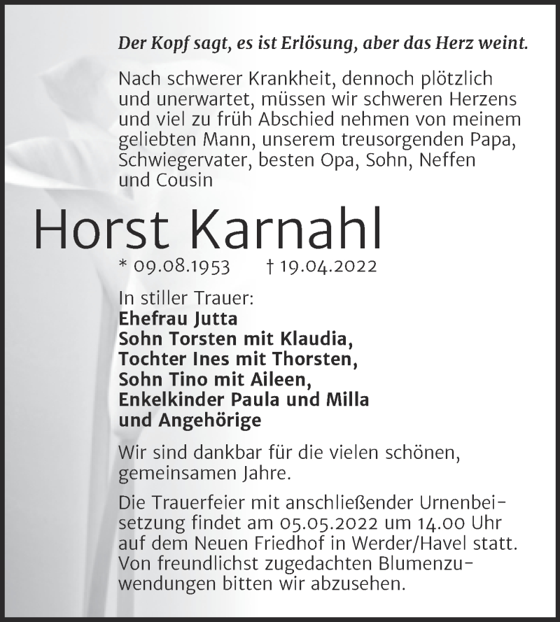  Traueranzeige für Horst Karnahl vom 30.04.2022 aus Mitteldeutsche Zeitung Halle/Saalkreis