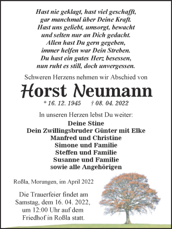 Traueranzeige von Horst Neumann von Mitteldeutsche Zeitung Sangerhausen