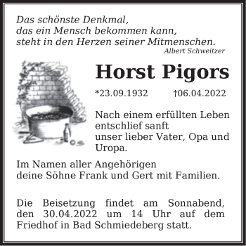 Traueranzeige von Horst Pigors von Trauerkombi Wittenberg