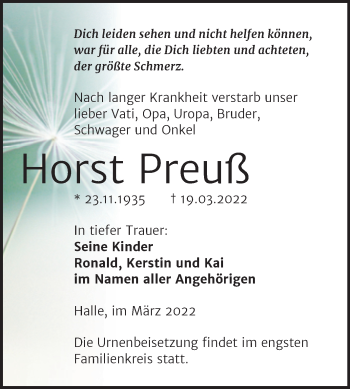 Traueranzeige von Horst Preuß von Trauerkombi Merseburg