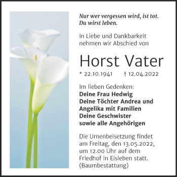 Traueranzeige von Horst Vater von Trauerkombi Mansfelder Land