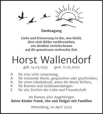 Traueranzeige von Horst Wallendorf von Trauerkombi Wittenberg