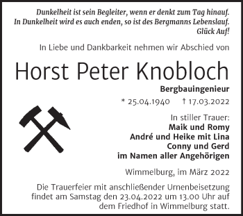Traueranzeige von Horst Peter Knobloch von Trauerkombi Mansfelder Land