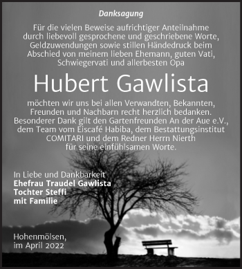 Traueranzeige von Hubert Gawlista von Trauerkombi Weißenfels