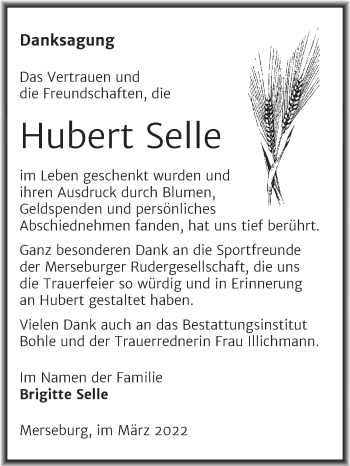 Traueranzeige von Hubert Selle von Trauerkombi Merseburg