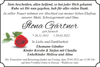 Traueranzeige von Ilona Gärtner von Trauerkombi Dessau