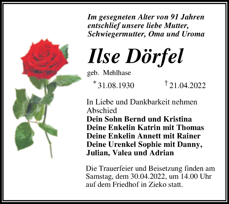  Traueranzeige für Ilse Dörfel vom 25.04.2022 aus Mitteldeutsche Zeitung
