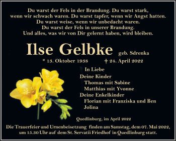 Traueranzeige von Ilse Gelbke von Trauerkombi Quedlinburg