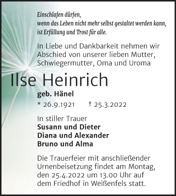 Traueranzeige von Ilse Heinrich von Trauerkombi Weißenfels