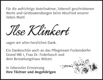 Traueranzeige von Ilse Klinkert von Trauerkombi Zeitz