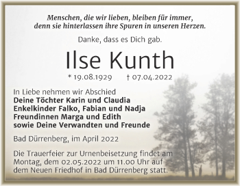 Traueranzeige von Ilse Kunth von Trauerkombi Merseburg