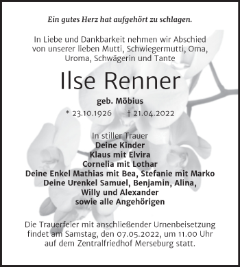Traueranzeige von Ilse Renner von Trauerkombi Merseburg