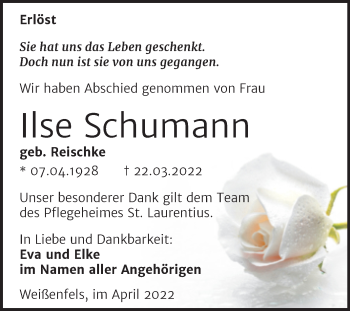 Traueranzeige von Ilse Schumann von Trauerkombi Weißenfels